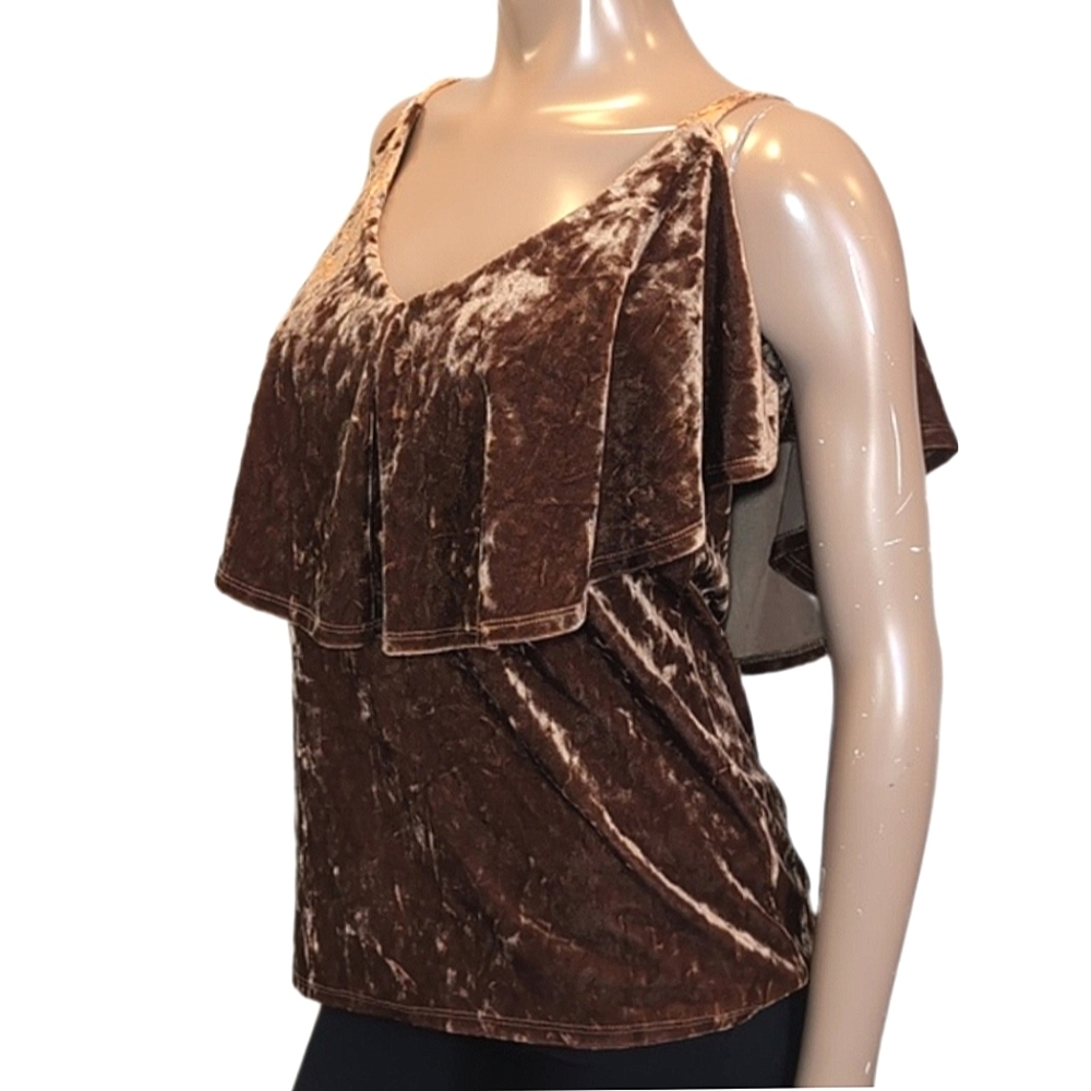 CABLE & GAUGE Crushed Velvet Flounce Top Cold Shoulder Sleeveless Brown Blouse